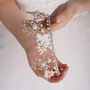Floral Pearls Crystal Rhinestones Gold Tiara Crown