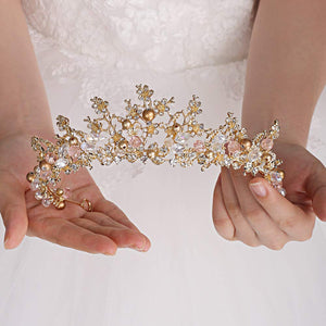 Floral Pink Crystal Rhinestones Gold Tiara Crown