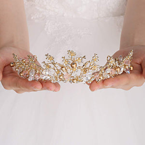 Floral Pink Crystal Rhinestones Gold Tiara Crown