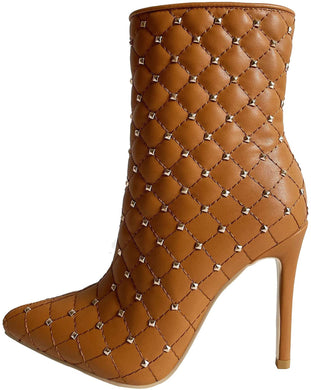 Comfy Brown Pointed Toe Stilleto Side Zipper Booties with Gold Studs