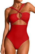 Load image into Gallery viewer, Red Halter Cut Out High Waisted One Piece Swimsuit