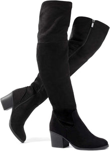 Suede Black Stacked Zippered Over the Knee Boots