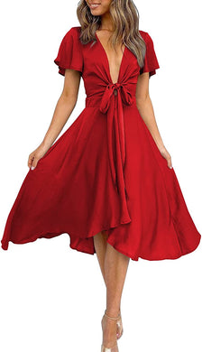 Gorgeous Red Satin Short Sleeve A-Line Midi Party Dress
