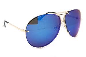 Sleek Blue Oversized Aviator Gold Rimmed Sunglasses