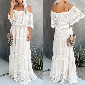 White Crochet Lace Off Shoulder Maxi Dress