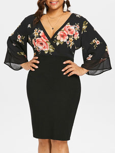 Plus Size Black Floral Kimono Sleeve Midi Dress