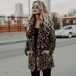Faux Fur Brown Cheetah Printed Long Sleeve Winter Coat