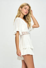 Load image into Gallery viewer, Beige Ruffle Sleeved Short Romper with Crochet Trim