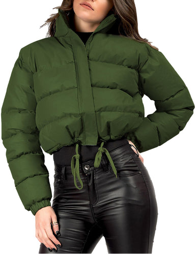 Stylish Army Green Cropped Long Sleeve Puff Jacket