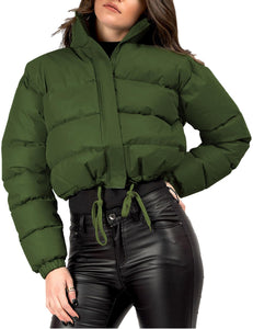 Stylish Army Green Cropped Long Sleeve Puff Jacket