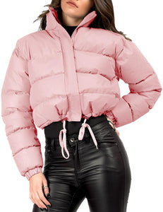 Pink Stylish Cropped Long Sleeve Puff Jacket