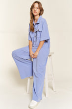 Load image into Gallery viewer, Cargo Blue/Purple Basic Collar Shirt Wide leg Jumpsuit