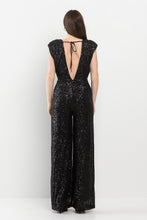 Load image into Gallery viewer, London Chic Emerald Green Deep V Power Shoulder Sequined Jumpsuit