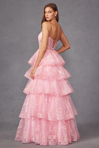 Eternal Pink Layered Ruffled Glitter Ballgown Prom Dress