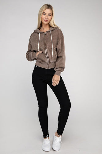 Mocha Acid Wash Fleece Cropped Zip-Up Hoodie