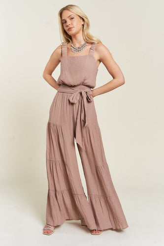 Plus Size Taupe Elastic Straped Tied Jumpsuit