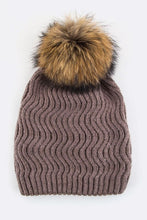 Load image into Gallery viewer, Raccoon Fur PomPom Chevron Knit Beanie