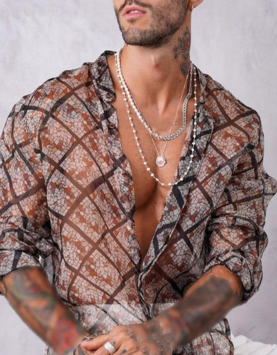 Men's Brown Printed Long Sleeve Button Down Shirt