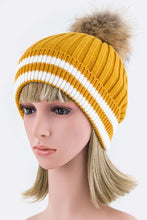 Load image into Gallery viewer, Raccoon Fur PomPom Stripe Hem Beanie