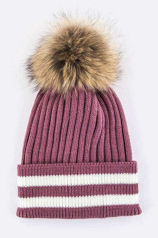 Raccoon Fur PomPom Stripe Hem Beanie