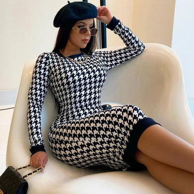 French Houndstooth Checkered Long Sleeve Midi Dress