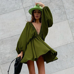 Truffled Olive Green Deep V Lantern Sleeve Mini Dress