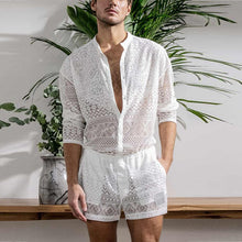 Load image into Gallery viewer, Men&#39;s White Hollow Long Sleeve Button Down Shirt &amp; Shorts Set