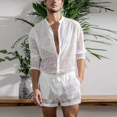 Men's White Hollow Long Sleeve Button Down Shirt & Shorts Set