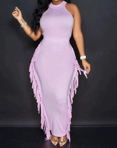 Modern Fringe Pink Halter Sleeveless Maxi Dress