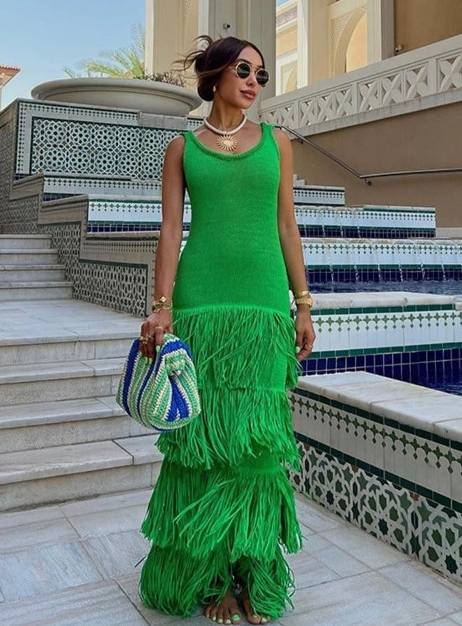 Italian Knit Green Fringe Sleeveless Maxi Dress