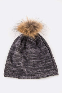 Faux Fur Pom Cotton Blend Slouchy Beanie