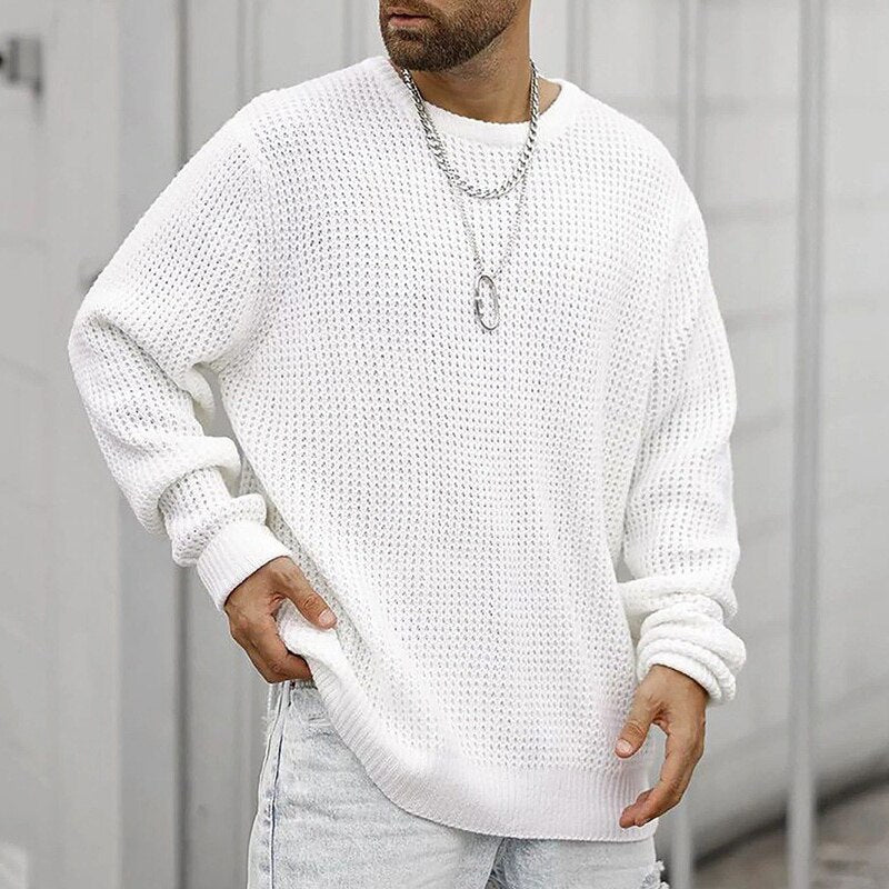 Men's White Long Sleeve Knitted Loose Fit Sweater
