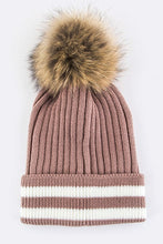 Load image into Gallery viewer, Raccoon Fur PomPom Stripe Hem Beanie