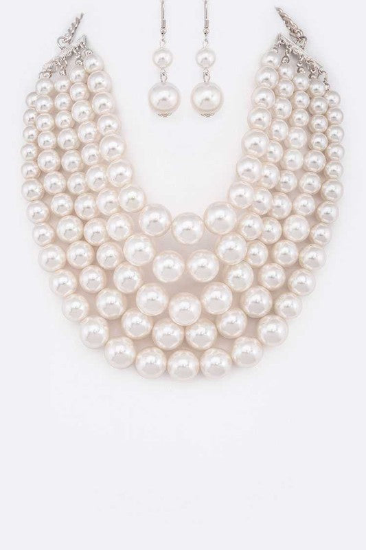 White 5 Strands Pearls Statement Necklace Set