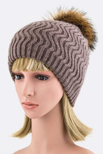 Load image into Gallery viewer, Raccoon Fur PomPom Chevron Knit Beanie