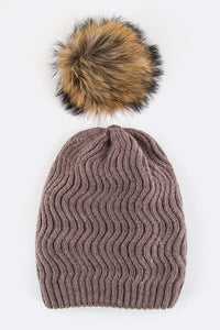 Raccoon Fur PomPom Chevron Knit Beanie