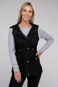 Black Drawstring Waist Military Style Hoodie Vest