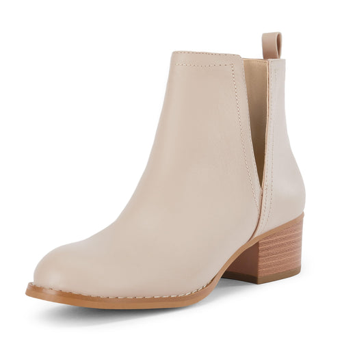 Beige Faux Leather Closed Toe Ankle Booties