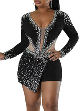 Load image into Gallery viewer, Black Sequin Mesh Long Sleeve Shorts Romper