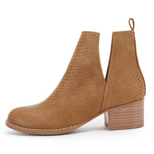 Load image into Gallery viewer, Light Brown Snakeskin Faux Leather Closed Toe Ankle Booties