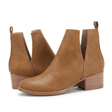 Load image into Gallery viewer, Light Brown Snakeskin Faux Leather Closed Toe Ankle Booties