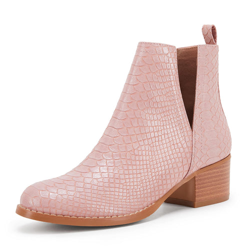 Pink Snakeskin Faux Leather Closed Toe Ankle Booties