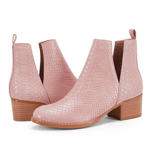 Pink Snakeskin Faux Leather Closed Toe Ankle Booties
