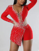 Load image into Gallery viewer, Red Sequin Mesh Long Sleeve Shorts Romper