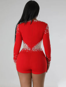 Red Sequin Mesh Long Sleeve Shorts Romper