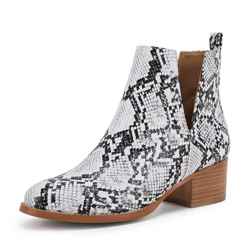 White Snake Skin Faux Leather Closed Toe Ankle Booties