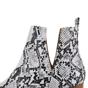 White Snake Skin Faux Leather Closed Toe Ankle Booties