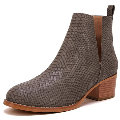 Taupe Brown Snakeskin Faux Leather Closed Toe Ankle Booties