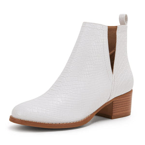White Snakeskin Faux Leather Closed Toe Ankle Booties