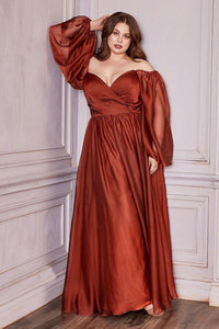 Plus Size Sweetheart Goddess Smoky Blue Off Shoulder Long Sleeve Satin Gown